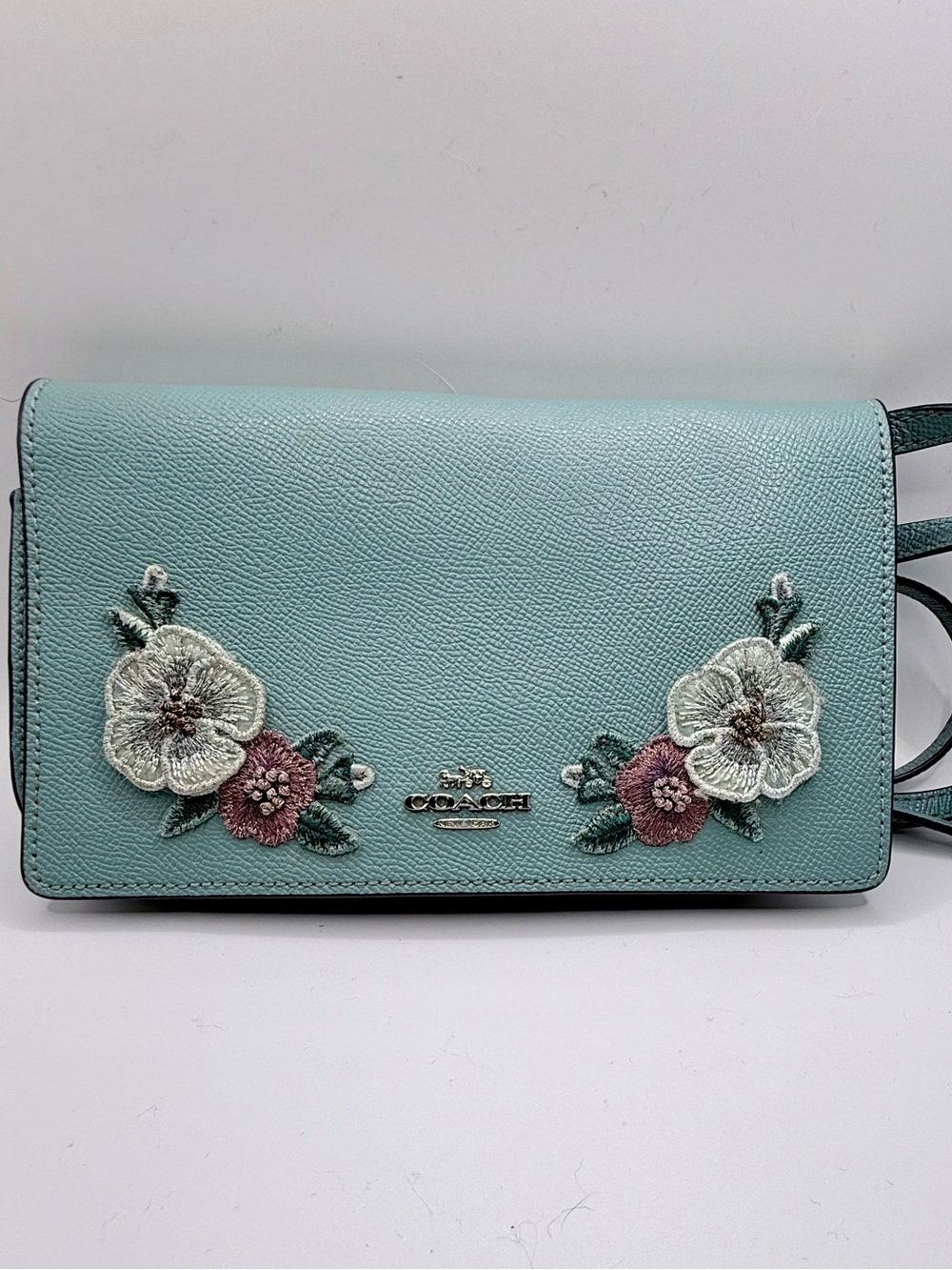 Coach Hawaiian Floral Embroidered Foldover Crossbody Clutch Wallet Lt Blue